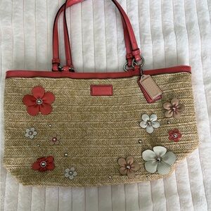 Authentic Coach Straw Tote Bag with Flower Details
